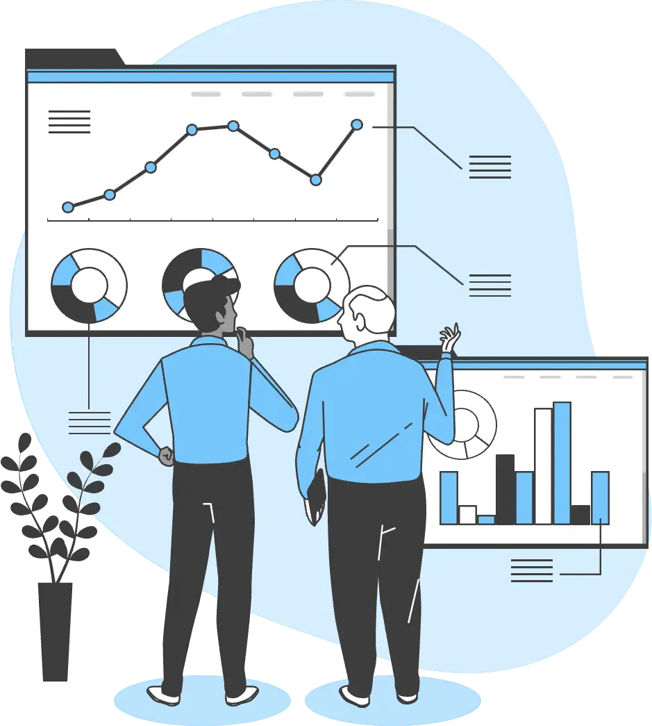 Illustration: Zwei Personen überwachen Kennzahlen und Diagramme auf Dashboards.